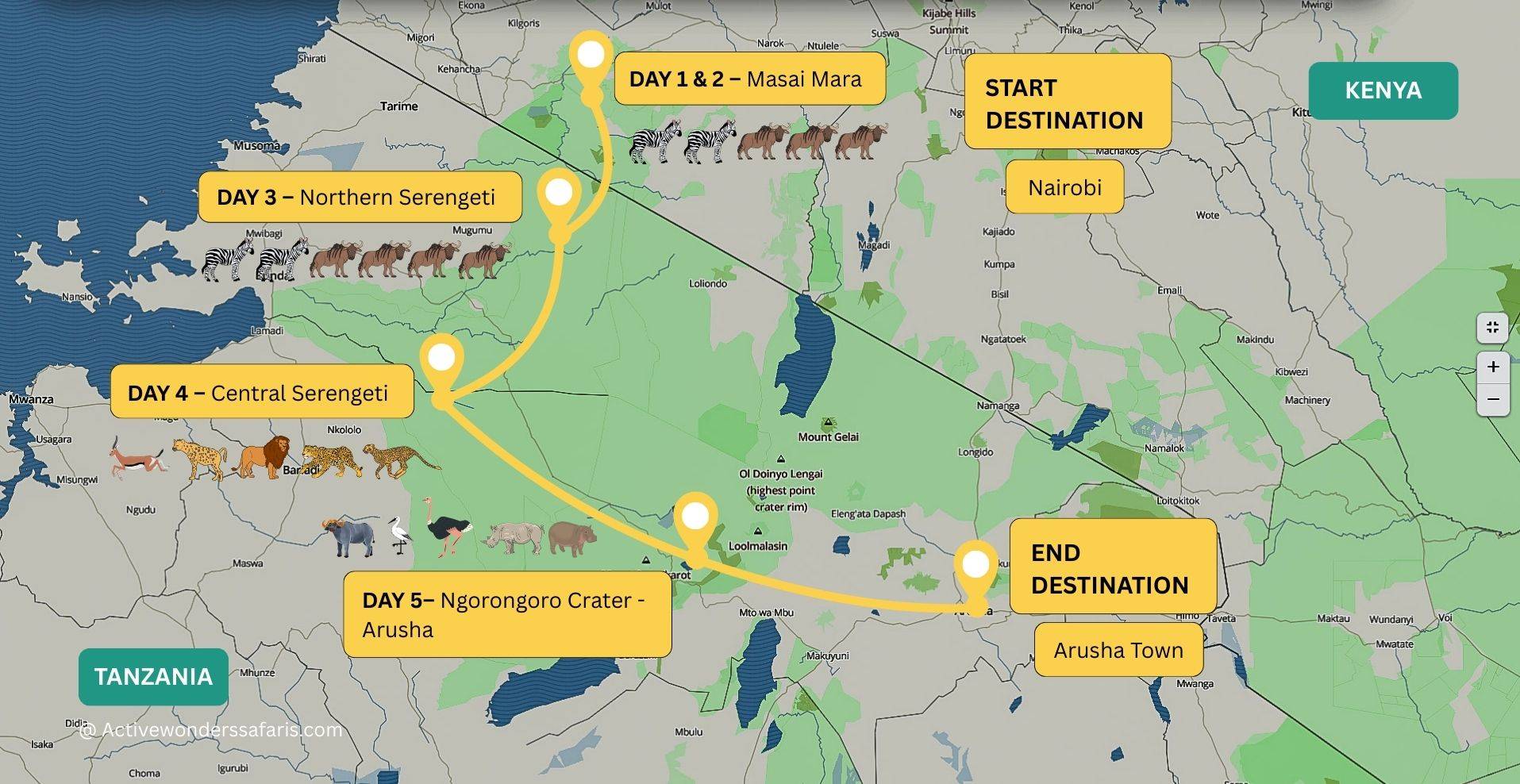 5 Day Kenya Tanzania Safari route map from Nairobi to Masai Mara, Serengeti and Ngorongoro Crater"