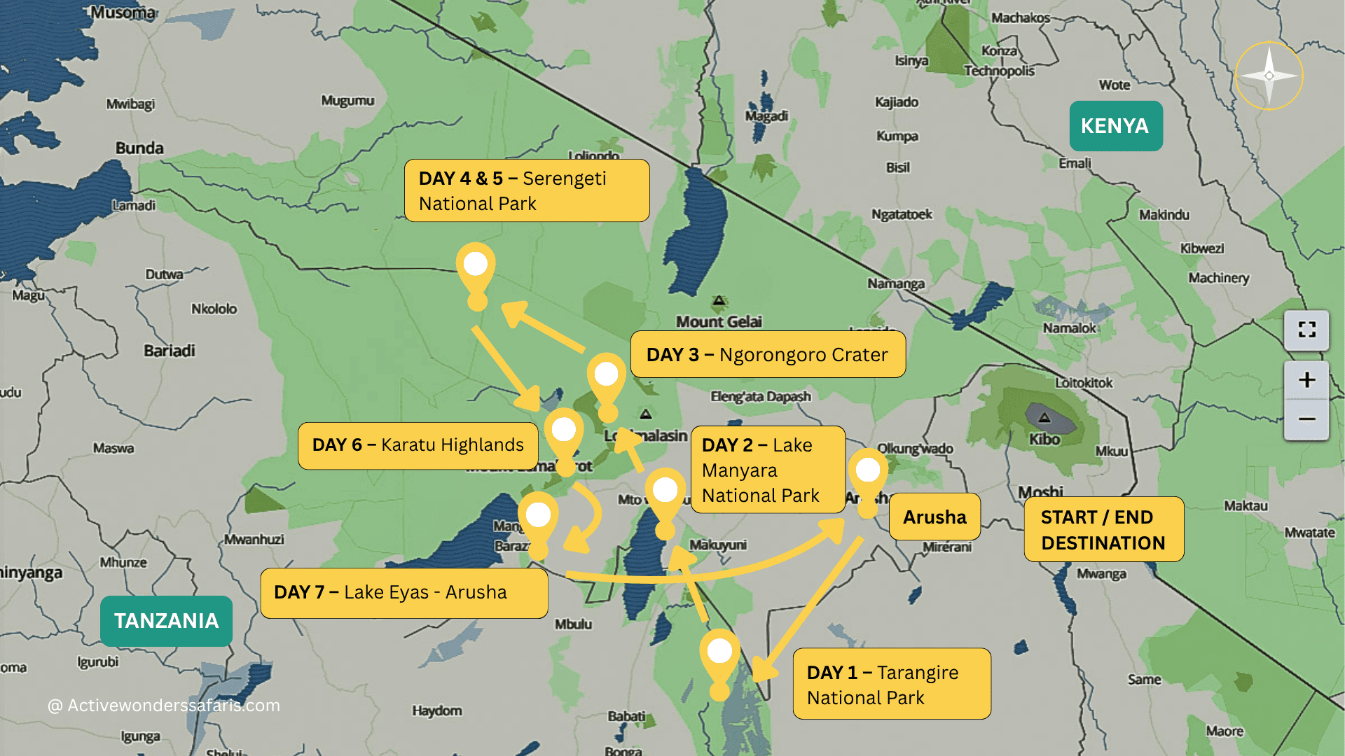 7 Day Tanzania Safari route map showing Tarangire, Lake Manyara, Ngorongoro Crater, Serengeti and Lake Eyasi